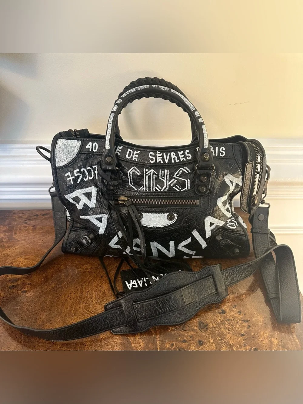 Balenciaga Small Black Graffiti Motorcycle City Bag